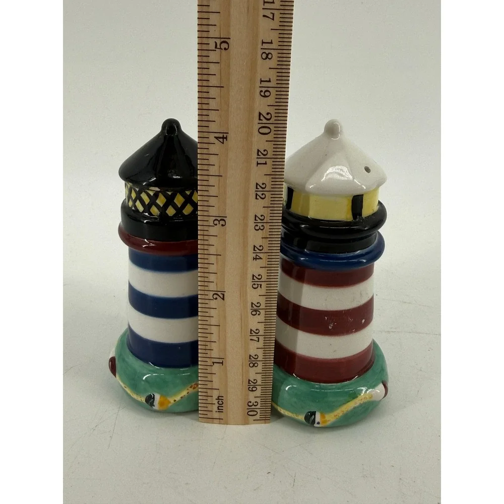 Lighthouse Salt and Pepper Shakers Nautical Multicolor Ceramic Set Coastal